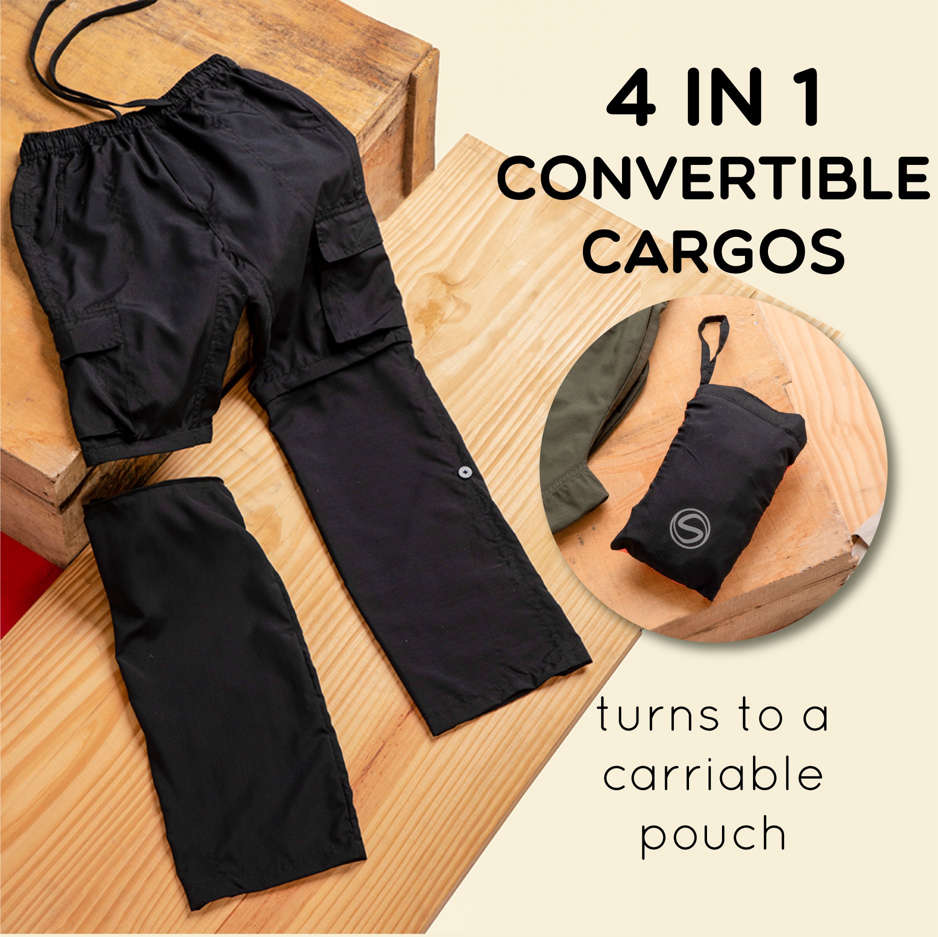 Black 4 in 1  Convertible Cargos (Full Pant, 3/4th , Shorts & Pouch)