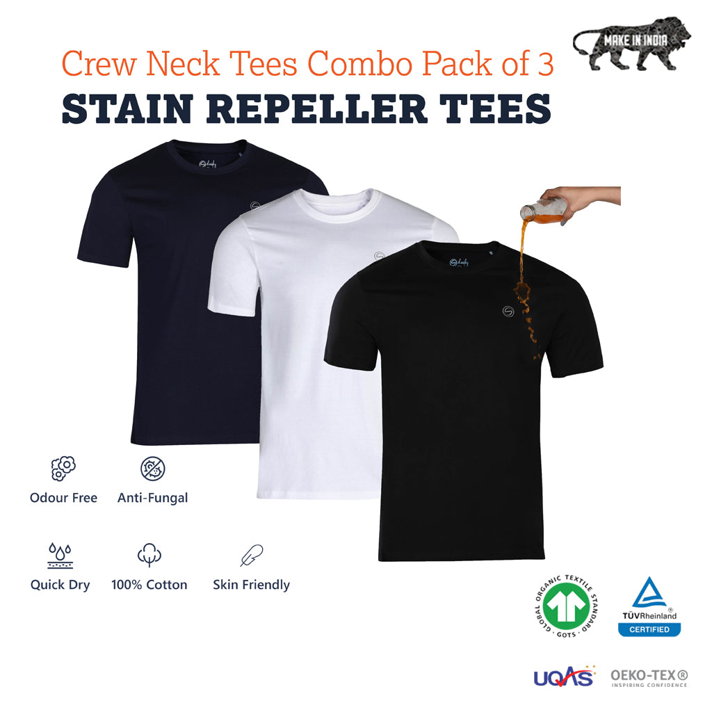 Pack of 3 Zero Stain Crew Neck 100% Premium Cotton T-shirts (White, Black & Navy)