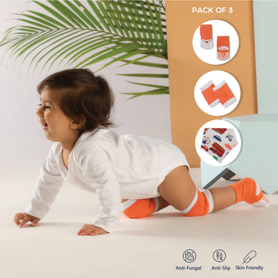 Anti Skid Infant Cotton Socks + Knee Pad + Bandana Drooling Bib Rabbit Orange (0-2 Years)